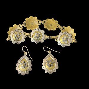 Jeep Collins Brass Sterling Flower Link Bracelet Dangle Earrings Set JEC Stamped